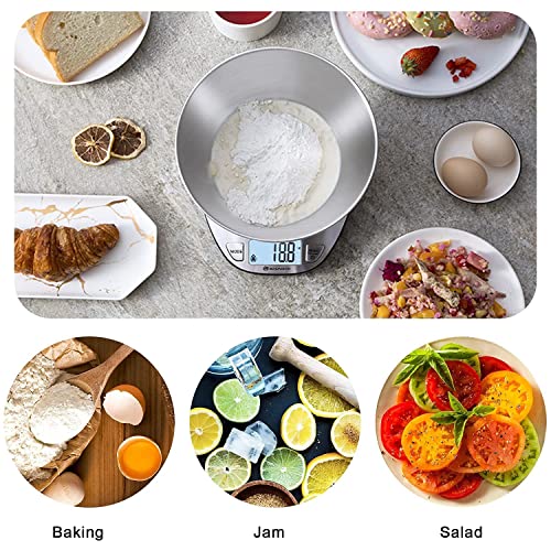 Bromech Food Scale With Bowl 2.27Qt, Digital Kitchen Scale For Weight Loss, Baking, Cooking And Keto, 11Lb Capacity, Stainless Steel, Battery Included #TOP5