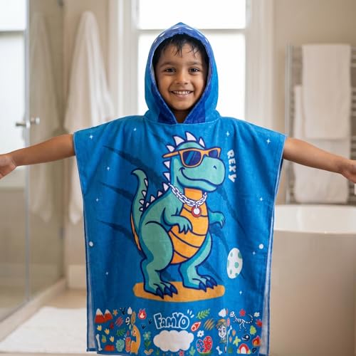 Image of Famyo Poncho Hood Maxx Towel for Kids 1-7 Years, Rexy Dino, 60 x 60 cm | Quick-dry microfiber hooded towel, soft, lightweight and absorbent for beach, pool and bath, suitable for boys and girls