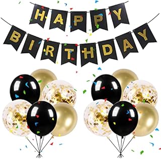 Birthday Decoration Set Happy Birthday Bunting Banner Balloons, Black Gold Ballon Party Decorations- Happy Birthday Banner, 8 Black Gold Balloons, 4 Confetti Latex Balloons and 2 Ribbons (Black)