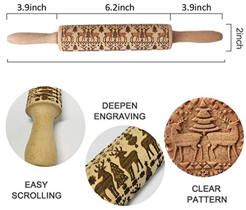 Christmas Wooden Rolling Pin，Embossing Rolling Pin, Wooden 3D Rolling Pin Embossing （35Cm) Christmas Elk Pattern Embossed Professional Dough Rolling Pins Embossed Rolling Pins #TOP5