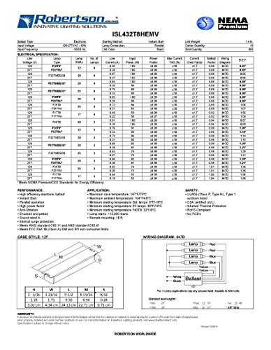 Robertson 3P20160 Fluorescent Eballast For 3/4 F32T8 Linear Lamps, Instant Start, 120-277Vac, 50-60Hz, Normal Ballast Factor, Hpf, Model Isl432T8Hemv #TOP3