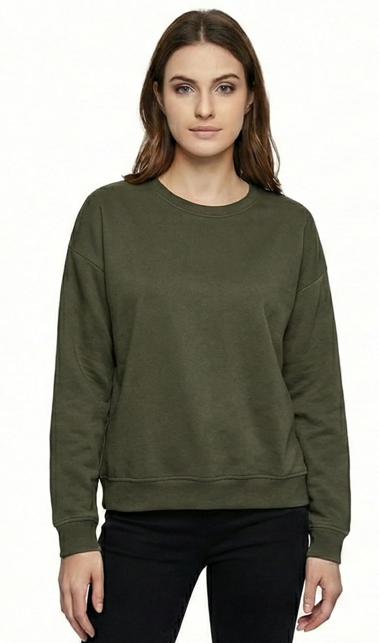 Women's Olive Green Crewneck Sweatshirt, Long Sleeve Pullover-picture-56