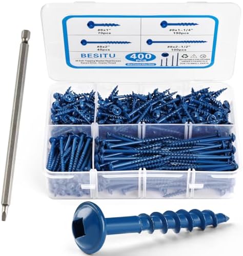 Besitu 400Pcs Pocket Hole Screws Assortment Kit, 4 Sizes #8 x 1, 1-1/4", 2", 2-1/2" Coarse Thread Wood Screws with Square Drive, Blue Anti-Rust Coated for Outdoor, Self Tapping, Drive Bit Included