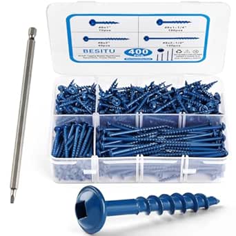 Besitu 400Pcs Pocket Hole Screws Assortment Kit, 4 Sizes #8 x 1, 1-1/4", 2", 2-1/2" Coarse Thread Wood Screws with Square Drive, Blue Anti-Rust Coated for Outdoor, Self Tapping, Drive Bit Included