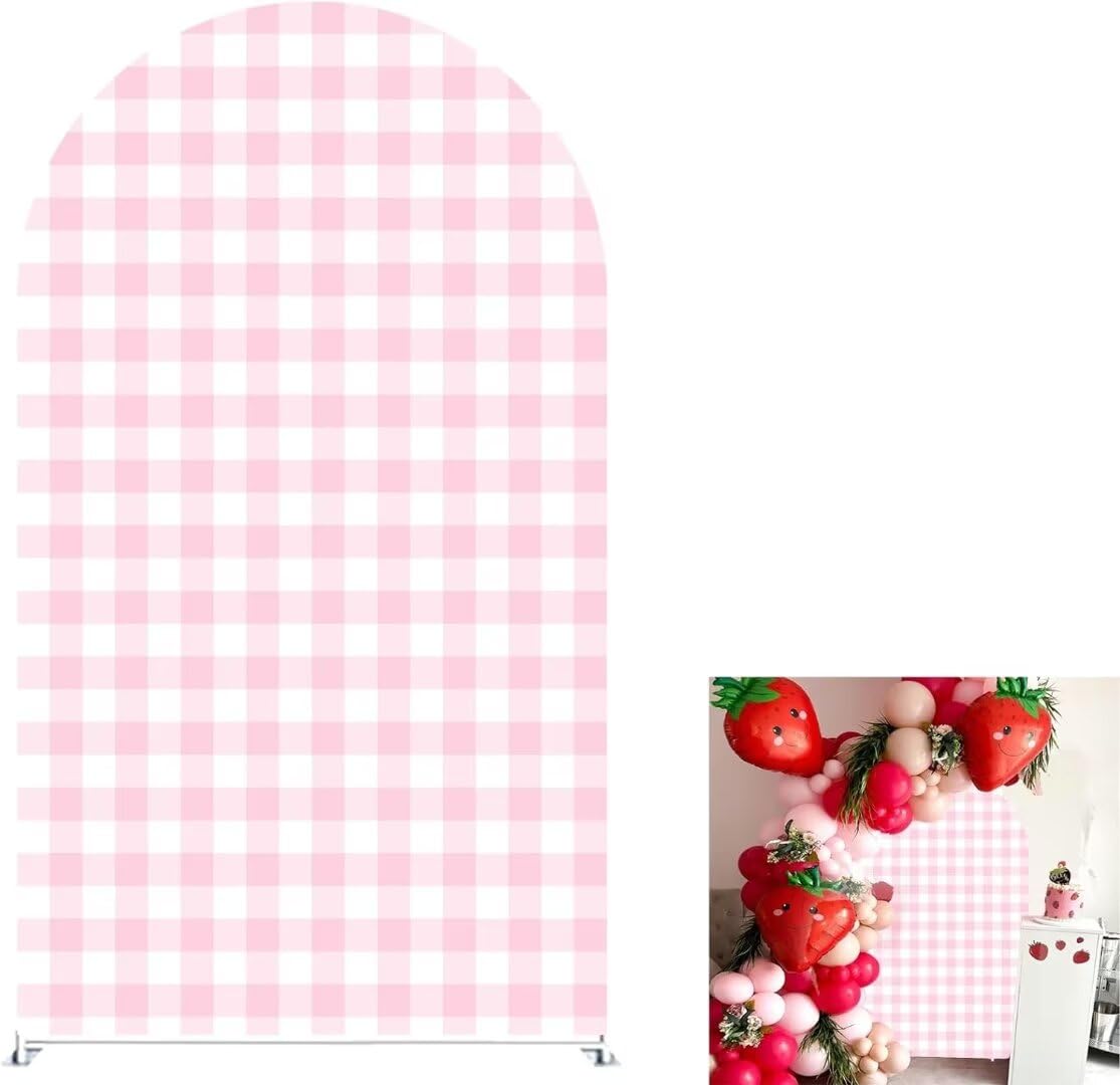Iydamc Strawberry Theme Arched Fabric Backdrop Covers Photography Background Pink Plaid Arch Stand Stretchy Covers for Kids ONE Birthday Baby Shower