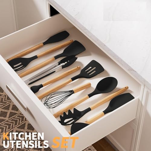 Image of Elmvia Silicone Cooking Utensil Set,12 PCS Cooking Kitchen Utensils Set, Nonstick Kitchen Utensils 446F Heat-Resistant Cookware Kitchen Tools of Spoon,Brush,Whisk,Spatula,Turner Tongs (Black)