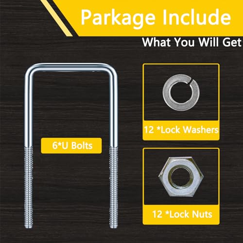 Image of 3 inch W x 7.1 inch L Zinc-Plated U-Bolts with Nuts and Spring Washers for Boat Trailer Tubes, Rectangular Wood and Metal Objects, Square Zinc-Plated Bolts (M10 x 80mm x 180mm