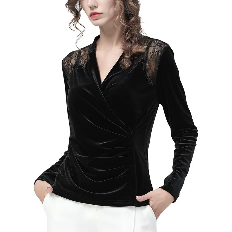 Blusa de Terciopelo Negro con Cuello en V de Estilo francés para Mujer, Camisetas con Parte Inferior Hueca de Encaje Bordado con Hombros Descubiertos (Negro XL)