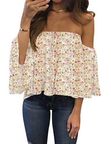Bluetime Women Summer Off Shoulder Chiffon Blouse Ruffles Short Sleeves Tops Casual T Shirt (L, Floral White Pink)