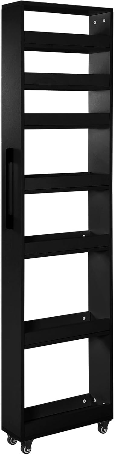 Wooden Slim Rolling Storage Kitchen Cart Utility Cart 7.87x21.65x72.44inch Slim Rolling Can and Spice Racks W/Handle and Wheels for Kitchen Bakers Pantry Dining Room (B)