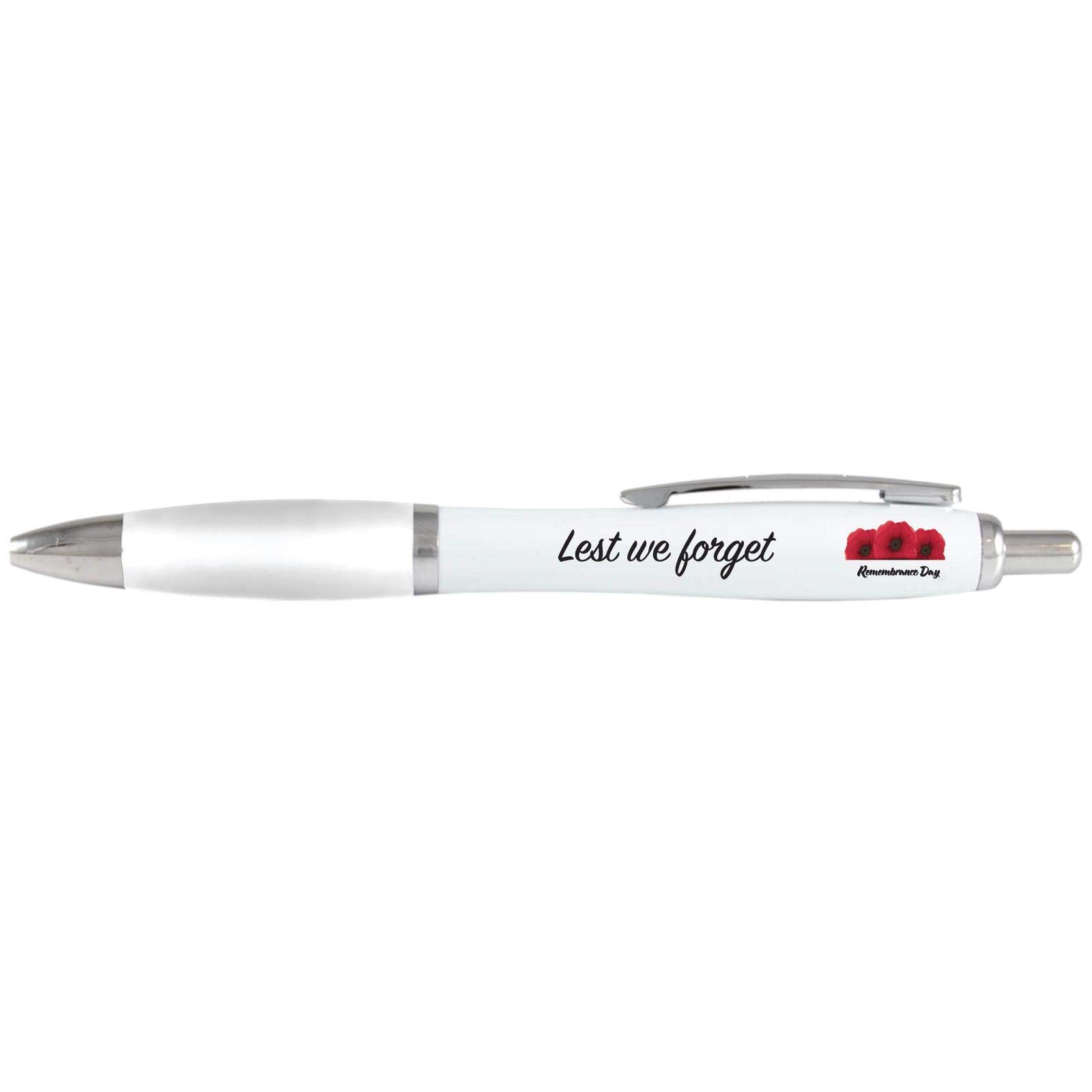 stika.co Pack of 20 White Lest we forget pens, Remembrance Day Giveaways, Promotional Ballpen, Events School Office Church Army, Navy