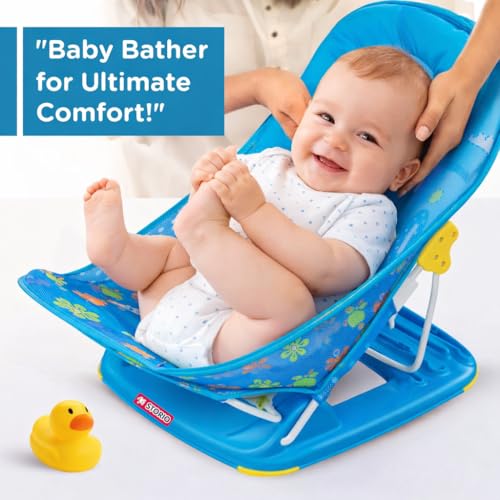 Image of Storio Newborn Baby Bather | Foldable 3-Position Adjustable Bath Chair for Infants 0-12 Months | Anti-Skid Base | Soft Washable Mesh Seat | Comfortable & Safe Bath Support for Babies up to 5Kg - Blue
