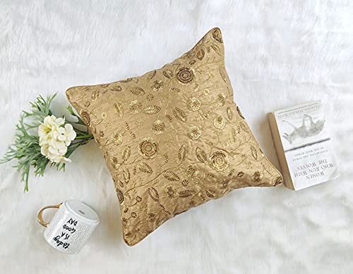 Craftbot Indian Pillow Cover - 1 Piece - 18X18 Cushion Cover - Gold Silk With Gold Embroidery - Decorative Throw Pillow Covers - Elegant Embroidered Bollywood Pillow - Accent Pillow Cover - No Insert #TOP1