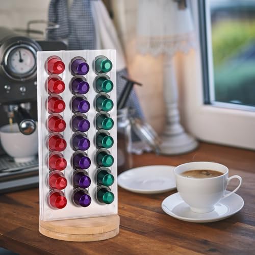 Tbestmax Acrylic Coffee Pod Holder - Clear, Double Sided (48 Cup Pods), 360 Degree Rotation, Wooden Base