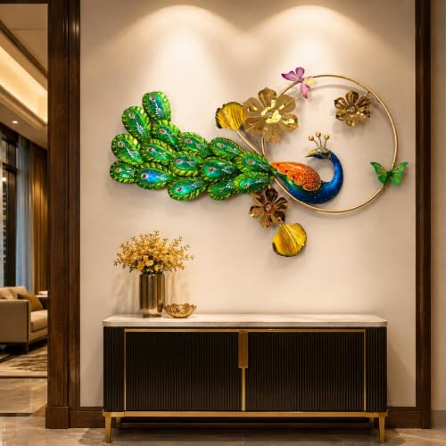 Image of SHREE 'O' GREEN TECH - Handcrafted Decorative Metal Peacock Wall Art Golden Leaf Frame Showpiece Multicolor Decor for Home Living Room Drawing Room Bedroom (Size 41x25 Inch)