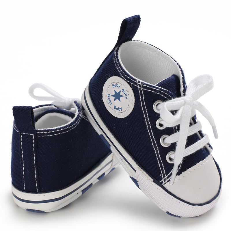 Image of Unisex Baby Girls Boys Canvas High-top Shoes, Newborn Infant Anti-Slip Soft Sole Frist Walking Breathable Sneakers