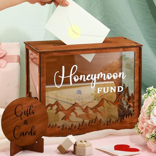AceOrbit Honeymoon Fund Box Wooden Wedding Card Box with Slot Mountain Shape Wedding Money Case with Gifts and Cards Sign Rustic Money and Card Fund Decor for Reception Party Bridal Shower Supplies