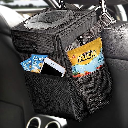 Image of House of Quirk Polyester Manual-Lift Car Trash Can With Foldable Lid And Storage Pockets, Leak-Proof Car Storge Bag,Car Garbage Can, Multipurpose Hanging Bag For Car (Small, Black)