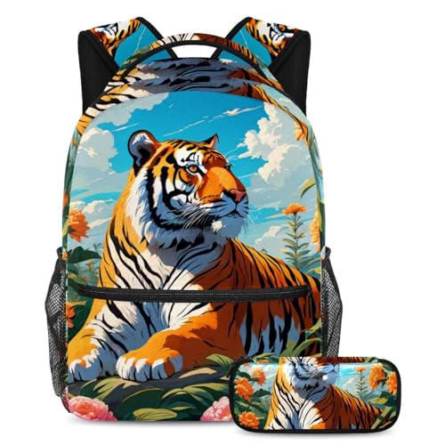 Sac à dos avec trousse scolaire tigre pour garçons filles et adolescents