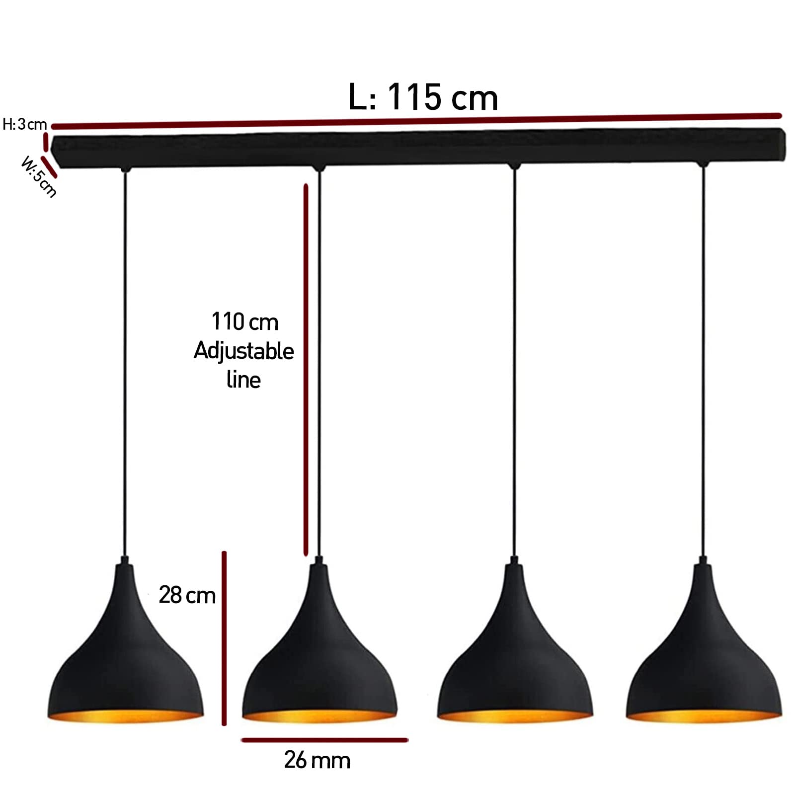 bamyum Lámpara Colgante de Mesa de Comedor I Adash I 4 llamas Lámpara de Mesa de Metal Ø 26 cm Lámpara de Techo Mesa de Comedor Colgante Sala de Estar Redonda - Lámpara Colgante Negra