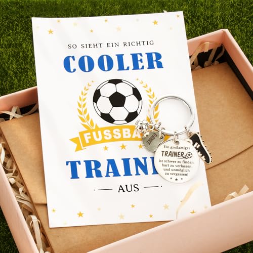 Fussball Trainer Geschenk Schlüsselanhänger Abschiedsgeschenk Coach Fußball Dankeschön Geschenke Fußballtrainer Abschied Edelstahl Schlüsselring mit Dankeskarte Lehrertag Geburtstag Geschenkideen