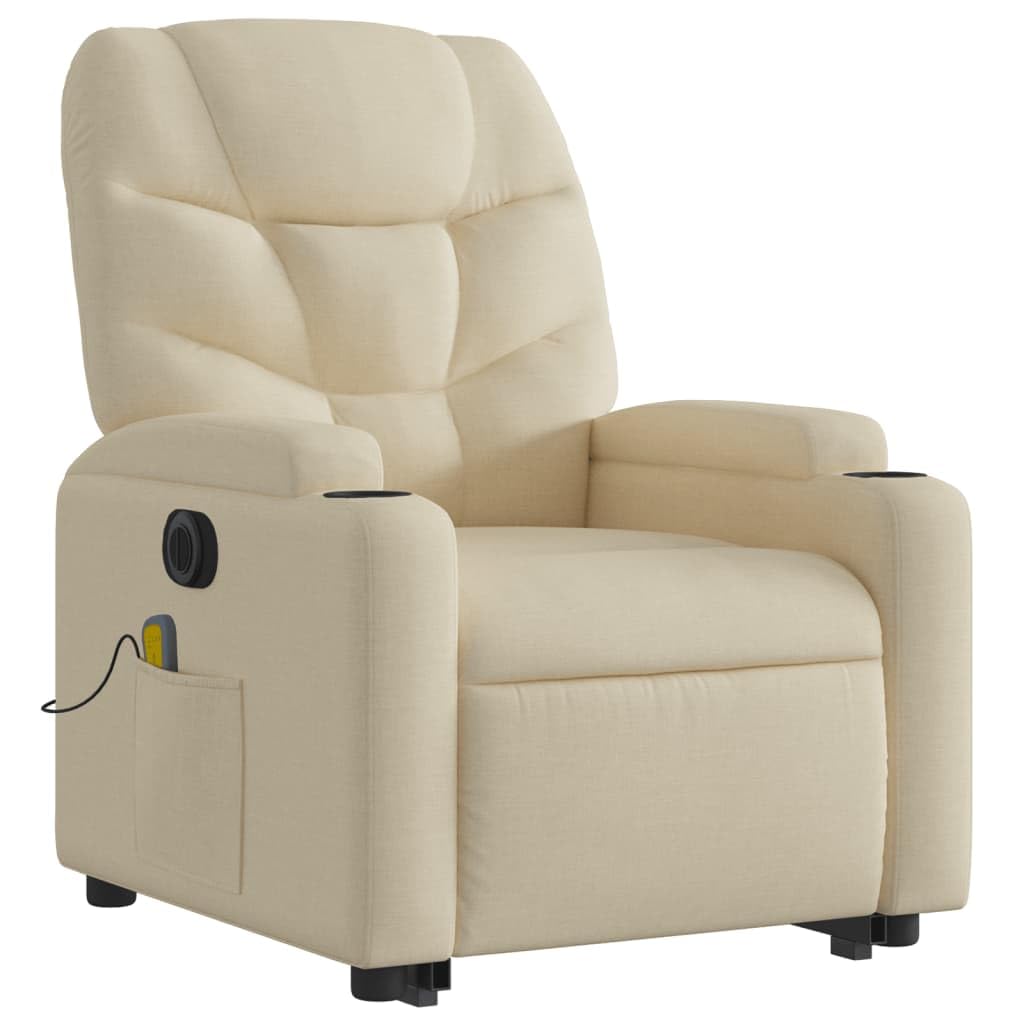 Sillón elevador eléctrico reclinable de tela crema con 6 puntos de vibración y función de elevación automática para un asiento cómodo y relajación total