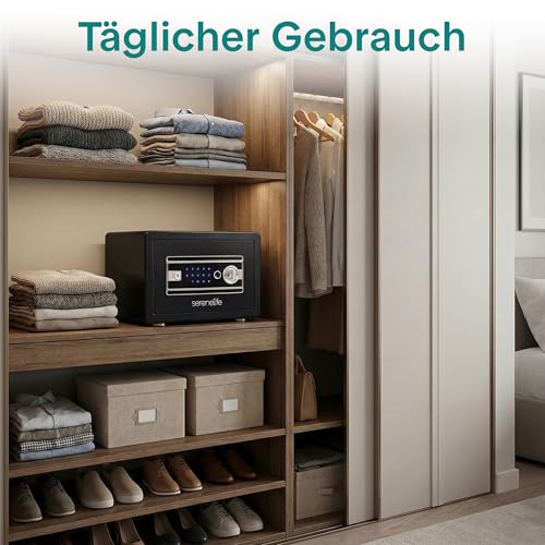 SereneLife 18L Tresor, Safe Für Zuhause Feuerfest & Wasserdicht, Digitaler Heimtresor mit Zugriff per Fingerabdruck, Möbeltresor mit Code & Schlüsseln, Safe Box für Wertsachen, Bargeld, Schmuck, Gold