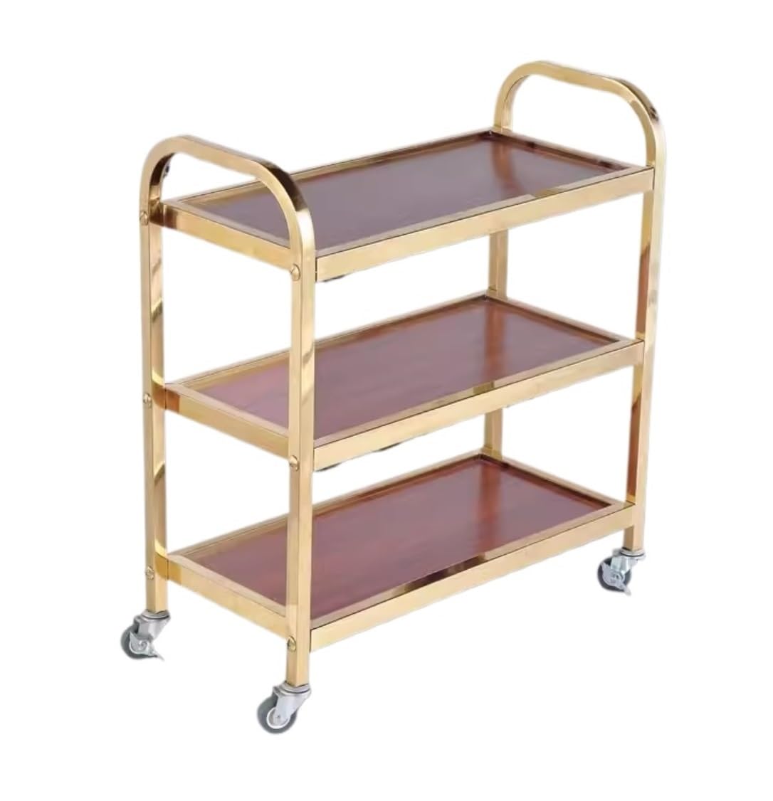 JYBNBBE 3-Tier Stainless Steel Kitchen Storage Cart with Wooden Top Rolling Utility Trolley on Wheels with Brake Versatile Serving Cart for Kitchen nization and Dining,B-65 * 30 * 73cm