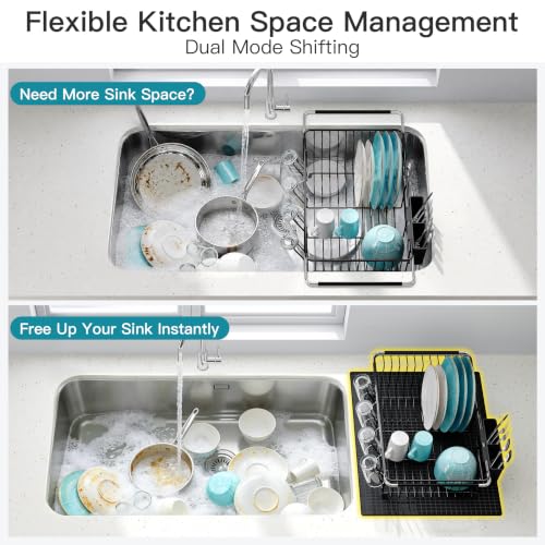 Image of JASIWAY Black Dish Drying Rack in Sink with Mat, Cups and Utensil Holder