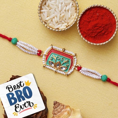 Image of eCraftIndia Green, Red, White Pearls, Beaded Designer Rakhis, Best Bro Ever Fridge Magnet with Roli Chawal Pack - Rakhis for Brother, Bhabhi, Kids