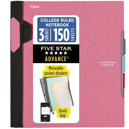Five Star Advance 820060R - Cuaderno en espiral + aplicación de estudio, 3 temas, papel rayado universitario de 8.5 x 11 pulgadas, 150 hojas, protector en espiral, separadores móviles con pestañas