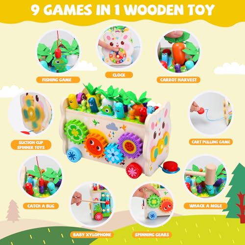 9 in 1 Montessori Toys for 1 Year Old, Wooden Hammering Pounding Toy Game with Xylophone for Toddlers 1-3, Gears and carrot harvest,1 Year Old Girl Birthday Easter Gifts, Learing Toys for babies - Image 2