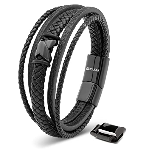 SERASAR Bracelet Cuir Homme Noir 20cm Bijoux Acier Inoxydable Véritable Multi Tissé Réglable Les Hommes Chaîne Tressé Accessoire Jeune Garcon Luxe Cadeaux...