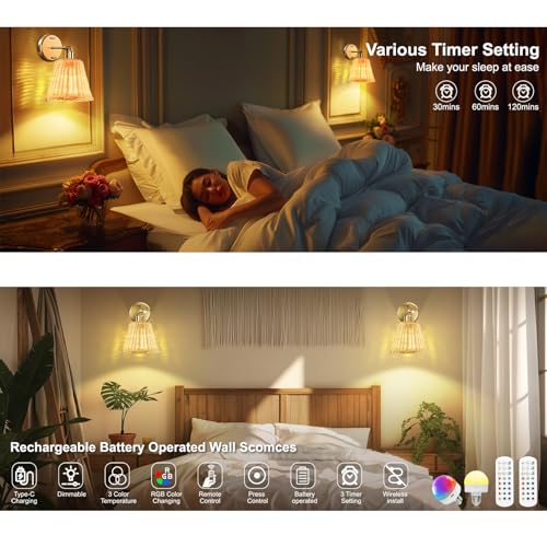 Lámparas de pared de ratán con iluminación LED regulable para interiores de diseño 6