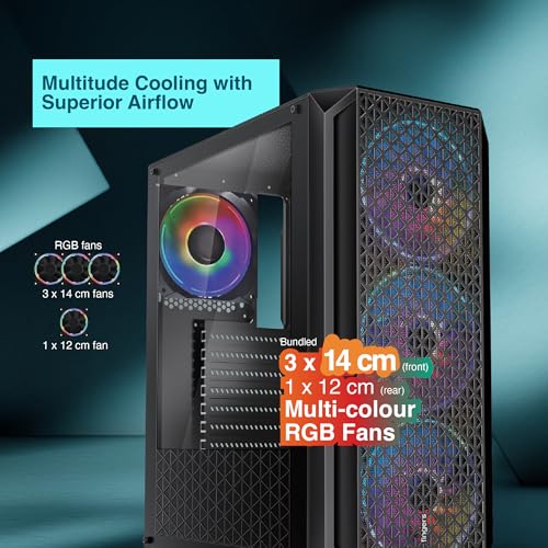 Image of FINGERS Commando-E14 Full ATX PC Cabinet with Dual Chamber Design, 4 Multi-Colour RGB Fans for High-Performance Cooling, Toughened Glass Side Panel, Magnetic Dust Filter, USB 3.0 Port