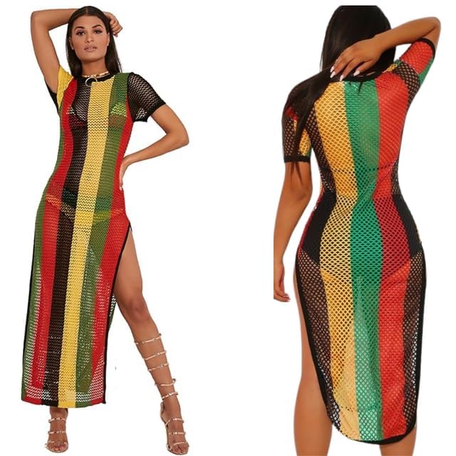 Clossy London Women's Rasta Jamaican String Dress: 100% Egyptian Cotton, Multicolored, Perfect for Hip Hop Dance, Beach Cover Up - Available in Large/X-Large Sizes