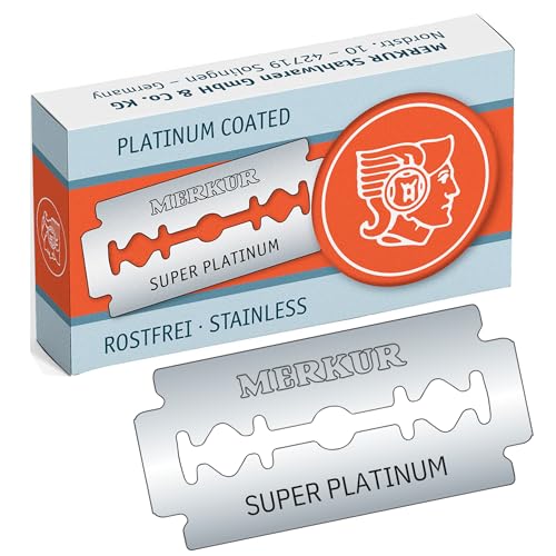 MERKUR Rasierklingen Edelstahl Super Platinum 910 (10 Stück) | Geeignet für traditionelle Rasierhobel | Doppelseitige Rasierklingen mit Platin und Teflon beschichtet | Rostfreier Edelstahl