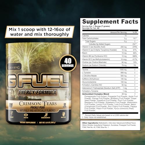 Image of G Fuel Elden Ring Crimson Tears Energy Drink Powder, Pre Workout Caffeine Mix for Gaming, Sugar Free Focus Amino, Vitamin + Antioxidants, 9.9oz (Prickly Pear, 40 Servings)