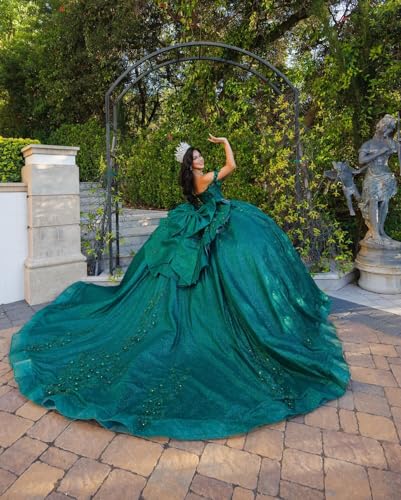 Ftupza Floral Quinceanera Dress with Detachable Bow Lace Appliques Tulle Ball Gown Beaded Off Shoulder Sweet 16 Dress4