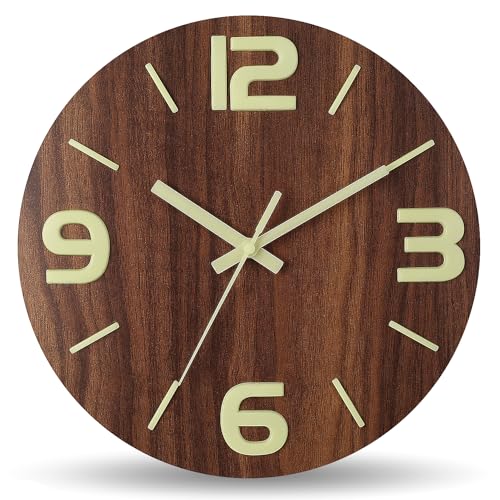 Image of HZDHCLH Wood Wall Clock Glow in The Dark,Luminous Wall Clocks with 3D Numbers,Decorative Wall Clock Battery Operated for Bedroom Kitchen Living Room Office (Brown)