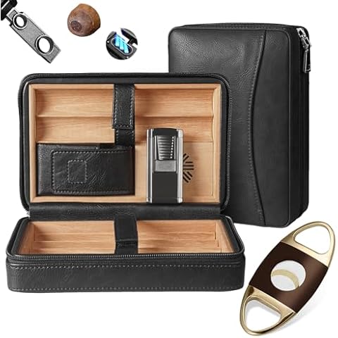 Cigar Humidor with Cutter, Cigar Case Including Cigar Accessories with Cigar Lighter Cigar Holder and Cigar Punch, Black Travel Humidor Cedar Wood Leather Cigar Box Cover