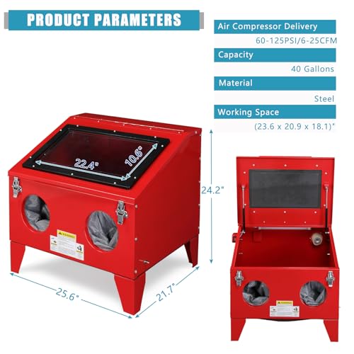 MOTORHOT 40 Gallon Bench Top Air Sandblasting,Heavy Duty Steel Cabinet Sandblaster Abrasive Blast with Gun and 4 Nozzles Air Compressor Delivery 60-125PSI/6-25CFM for Rust Removal, Stain, Paint