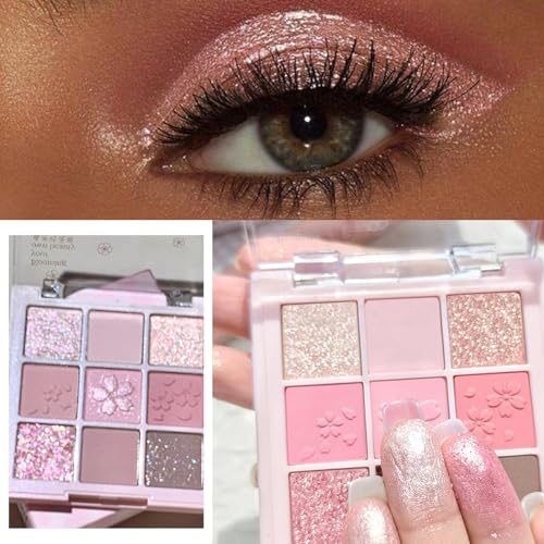 Pink Eyeshadow Palette 9 Colour Glitter Matte & Shimmer Pink Brown Eye Shadow Pallets For Women, Long Lasting Highly Pigmented Eyeshadow Make-Up Palettes Waterproof Blendable Glitter Eyeshadow - Image 5