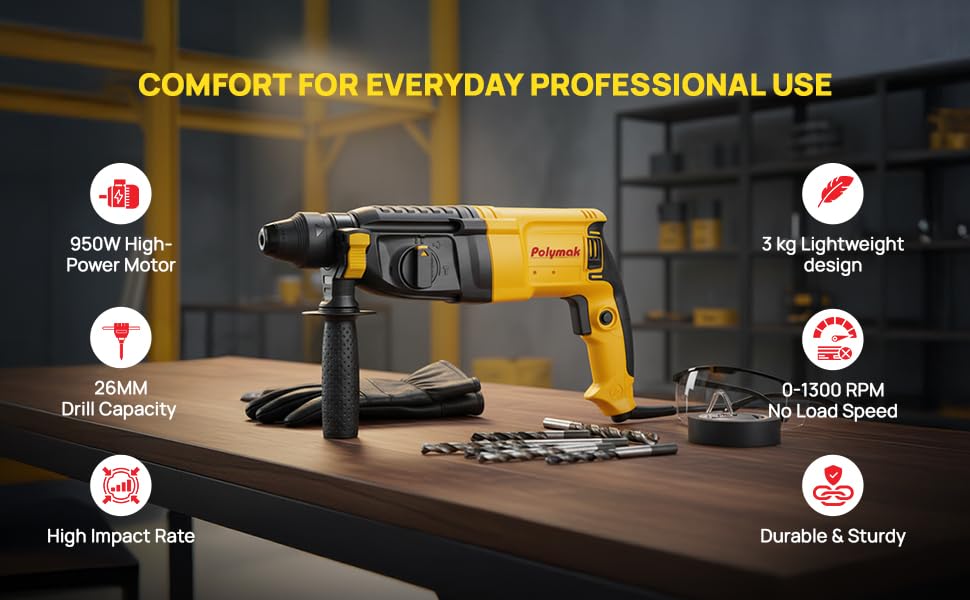 Image of 950W Rotary Hammer Drill | 26 mm | Heavy-Duty Drilling & Chiseling Tool | 1300 RPM | 3.3 J Impact Energy | Quick-Change System | Lightweight 3 kg | Soft-Grip Handle | 6-Month Warranty | Yellow
