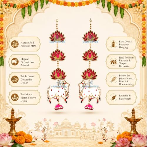 Image of Pink Lotus & Mango Leaf Toran for Door, Hanging for Main Entrance, for Office,Temple,Diwali, Party (3 Tier Lotus Cow)