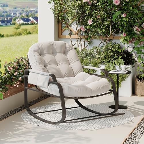 TIMORWTF - Silla mecedora para adultos, mecedora para interior y exterior, moderna mecedora de ratán con pedales de metal, color beige