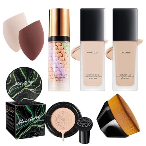Shefave Full Coverage Foundation Makeup Sets for Women - 7 Pcs All In One Makeup Kit Makeup Starter Kit - Foundation Full Coverage|Mushroom Head Air Cushion CC Cream|Face Primer|Makeup Brush & Sponge