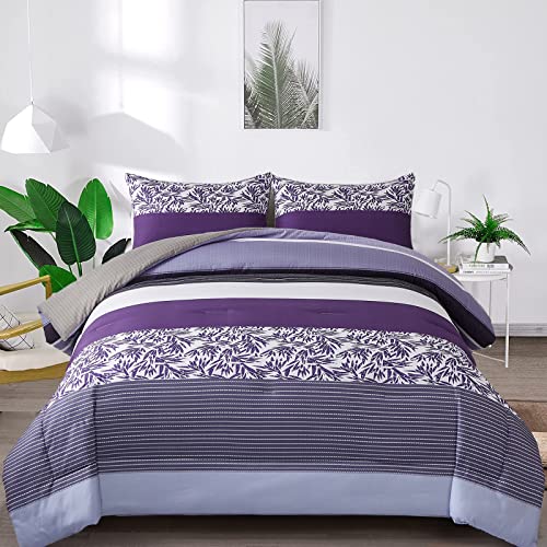Djy Purple Comforter Set Queen Purple Stripe Bedding Comforter For Queen Bed Stripe Elegant Comforter With 2 Pillow Cases Lightweight Microfiber Comforter Bedding Set (3 Pieces, 90”×90”) #TOP5