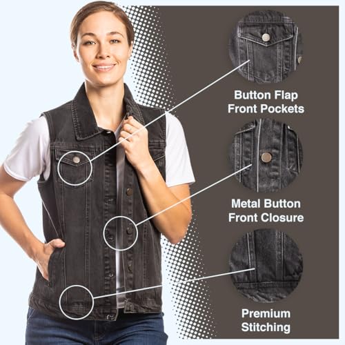 Women’s Denim Vest Vintage Button Front Sleeveless Waistcoat Wash Jean Jacket with Pockets S to 2XL2