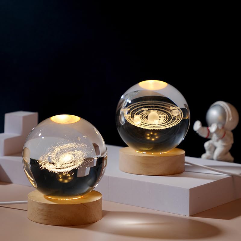 NIBHZ Luz Nocturna de Bola de Cristal 3D para niños, Planeta Galaxia calmante LED, Saturno y Luna, lámparas de Cielo Estrellado,Clear,8cm